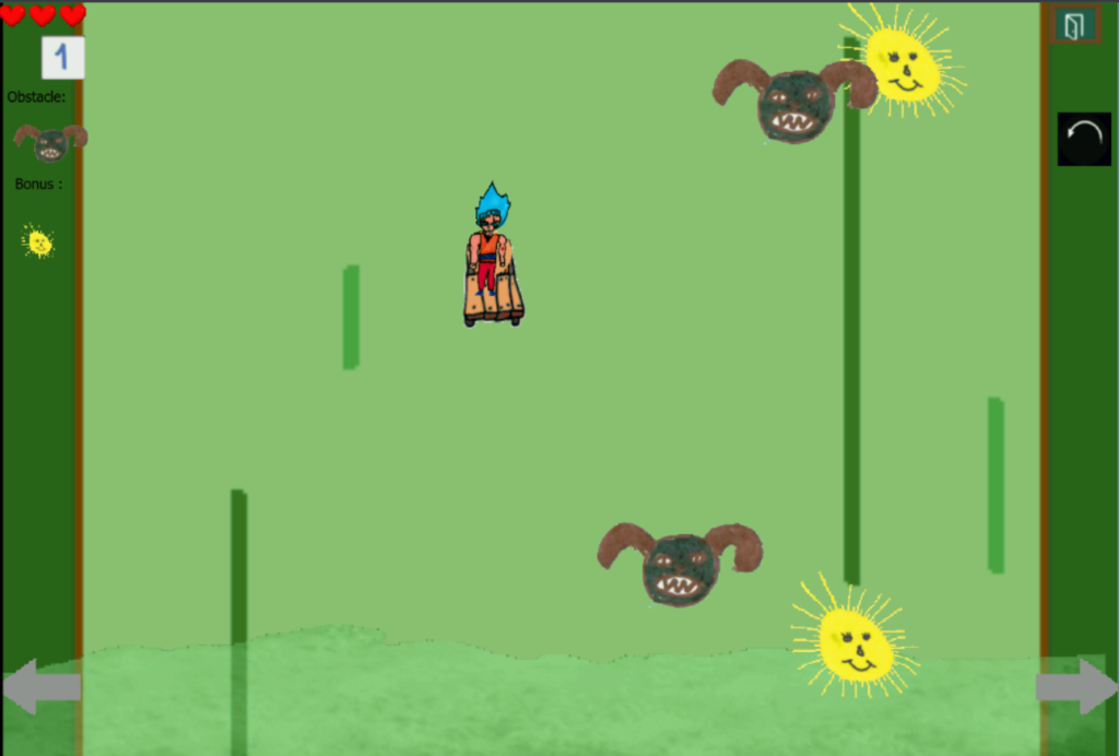 Jeu de caisse à savonn avec les personnages, obstacles et bonus dessinés par les enfants