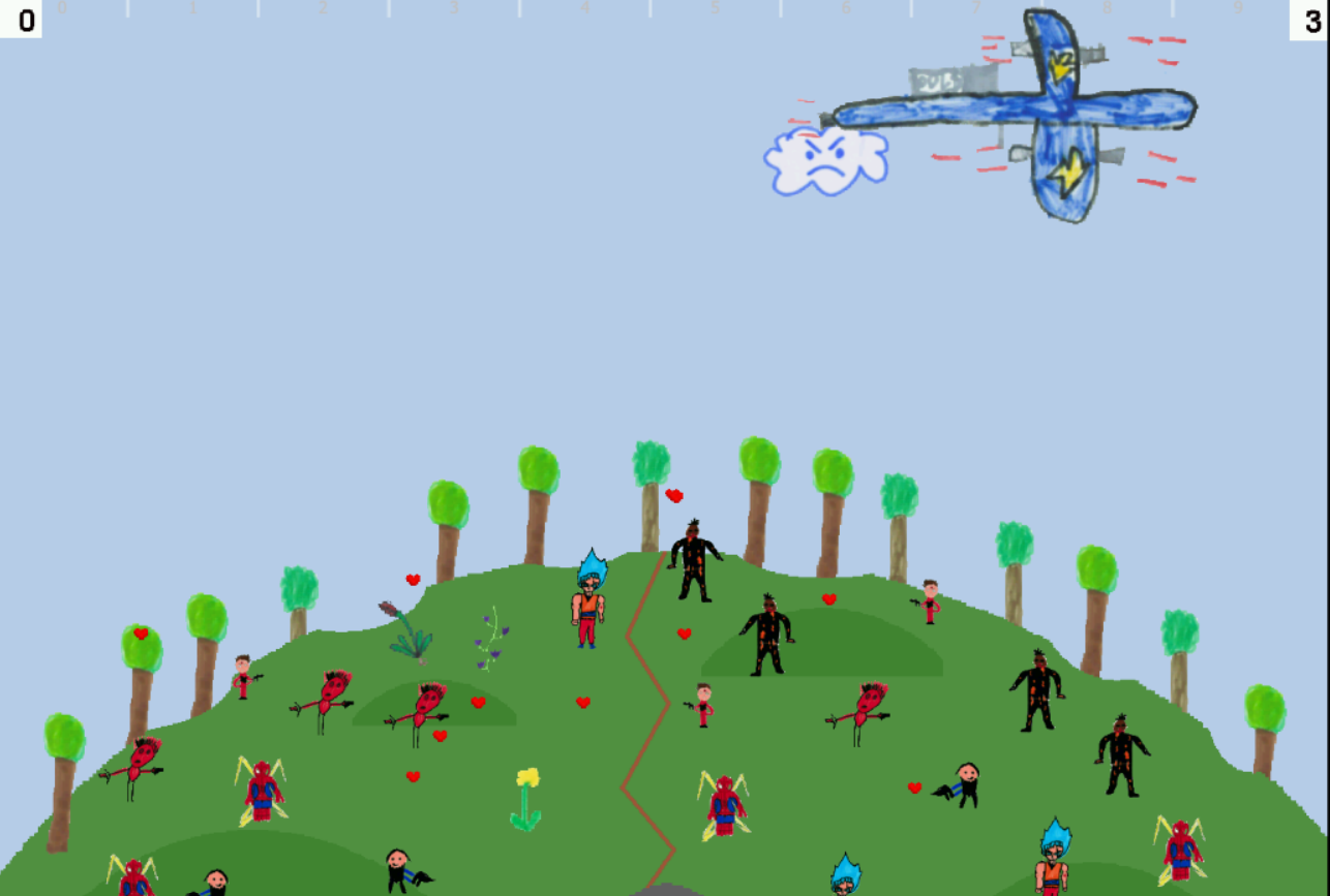 Jeu du bombarde bisou : quand un soldat est touché il se transforme en fleur.