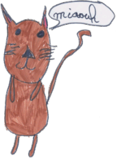 Un joli chat qui dit "miaouh" pour le jeu de caisse à savon, dessiné par une CE2 à Villiers le Bâcle (78)